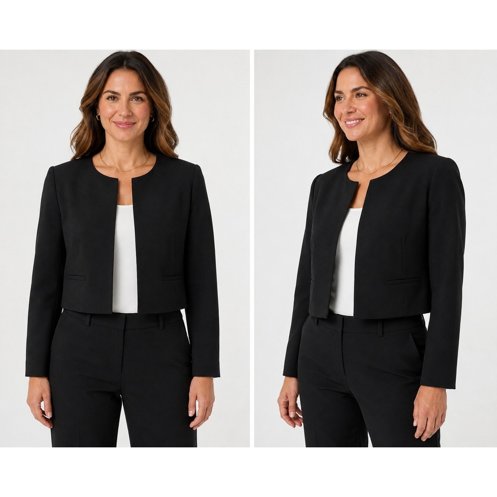 Elisabeth Liz Claiborne Black Open Front Cropped Blazer Jacket Womens 14 Crepe
